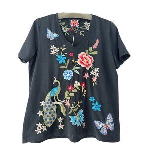 Johnny Was Nicolette V Short Tee Cotton Shirt Floral Embroidery Top Black NEW